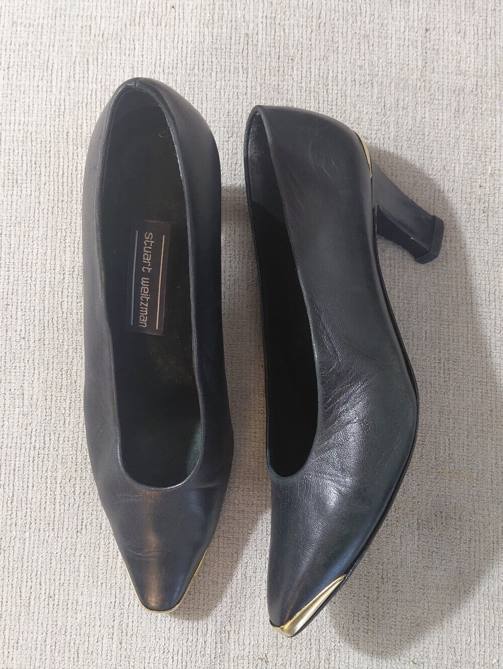 Stuart Weitzman Black Leather Pointed Toe Pumps with Gold Accent Size 8